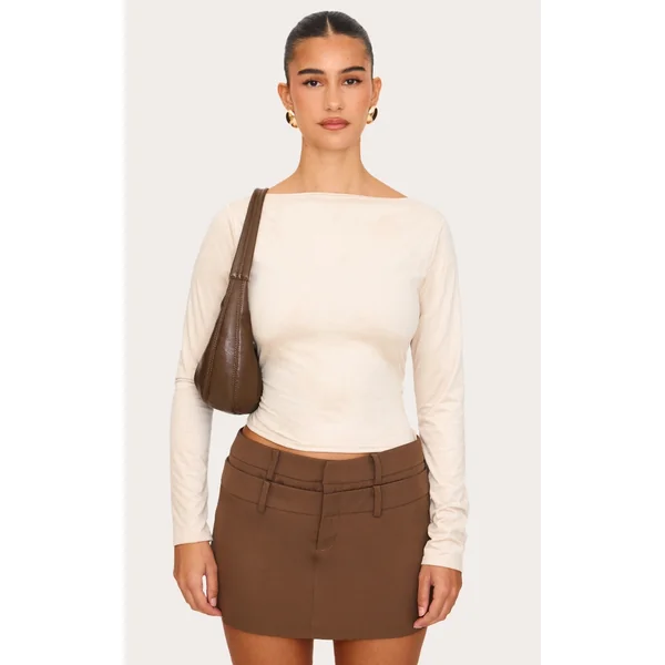 Cream Faux Suede Boatneck Long Sleeve Top