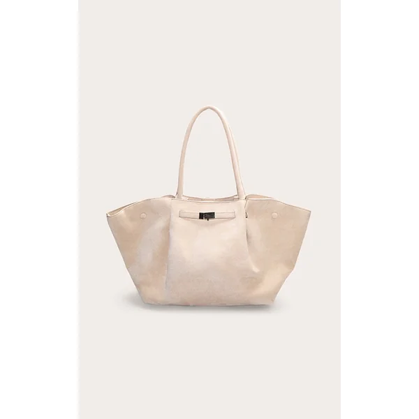 Cream Faux Suede Pleated Tote Bag