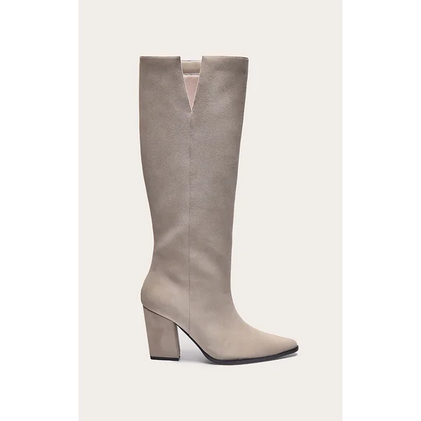 Cream Faux Suede Point Toe Block Heeled Knee High Boot