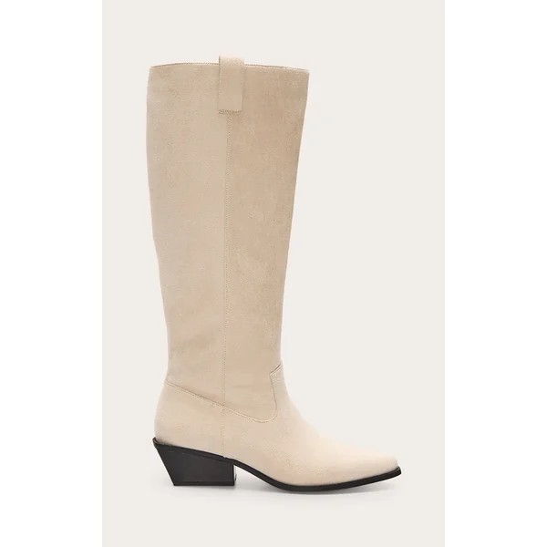 Cream Faux Suede Point Toe Western Knee High Boots