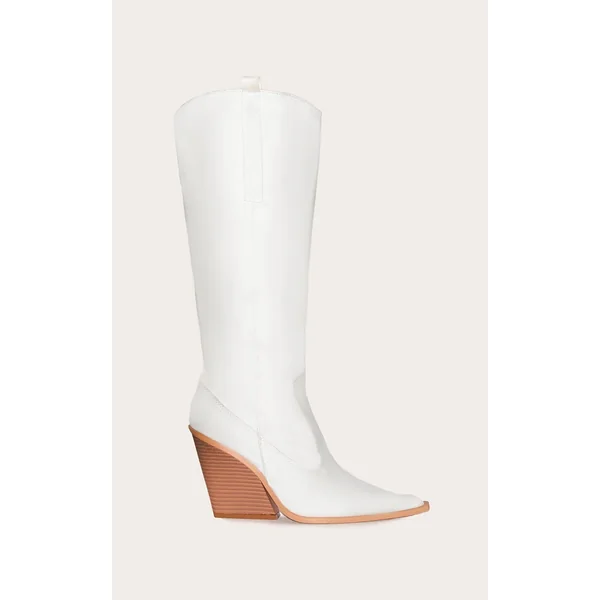 Cream Faux Suede Point Toe Western Knee High Heeled Boots