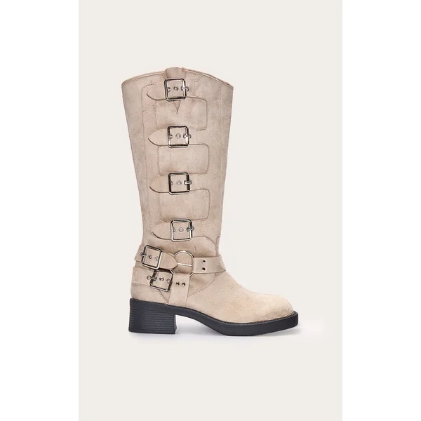 Cream Faux Suede Round Toe Multi Buckle Harness Knee High Boots