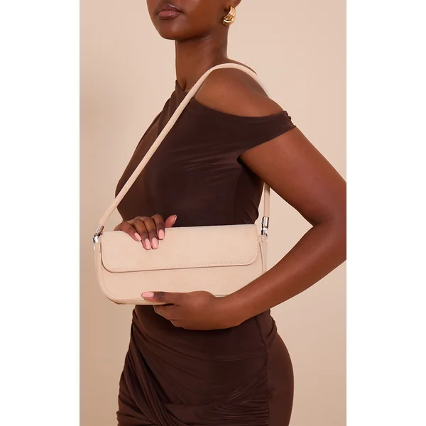 Cream Faux Suede Skinny Elongated Shoulder Bag