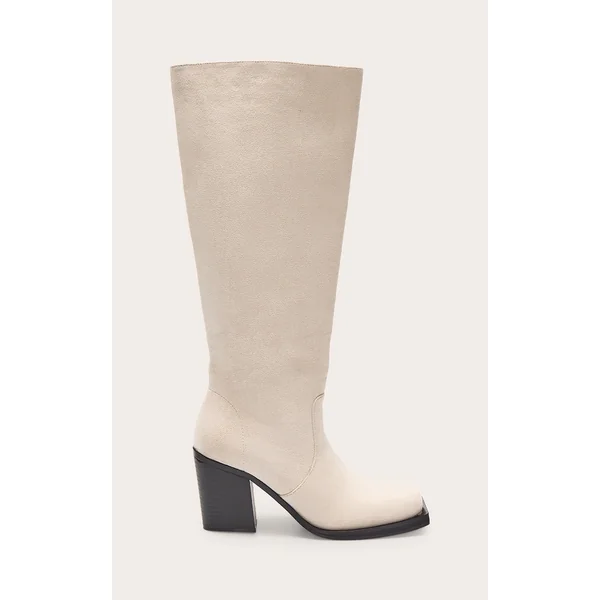 Cream Faux Suede Square Toe High Block Heel Knee High Boots
