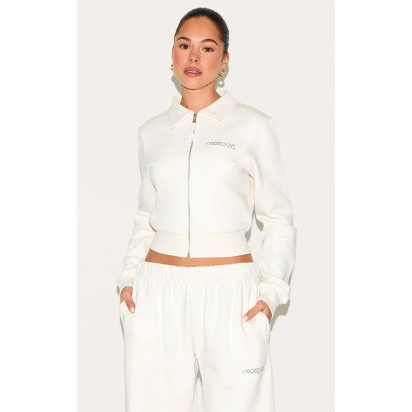 Cream Fitted Zip Through Collar Sweatshirt