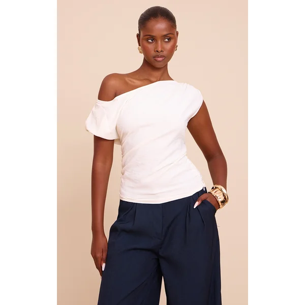 Cream Floaty Woven Ruched One Shoulder Top