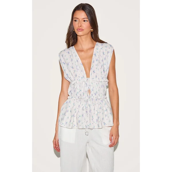 Cream Floral Chiffon Tie Front Top