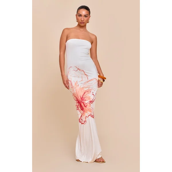 Cream Floral Printed Bandeau Maxi Dress