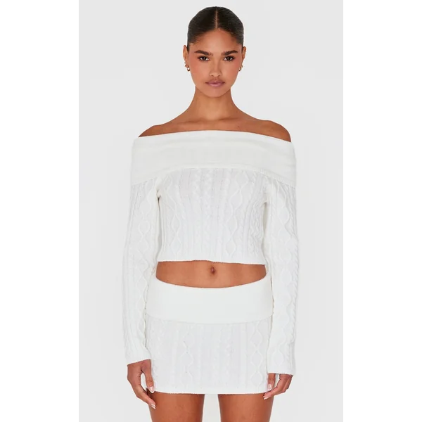 Cream Foldover Cable Knit Bardot Cropped Sweater