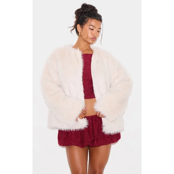 Cream Glitter Faux Fur Coat