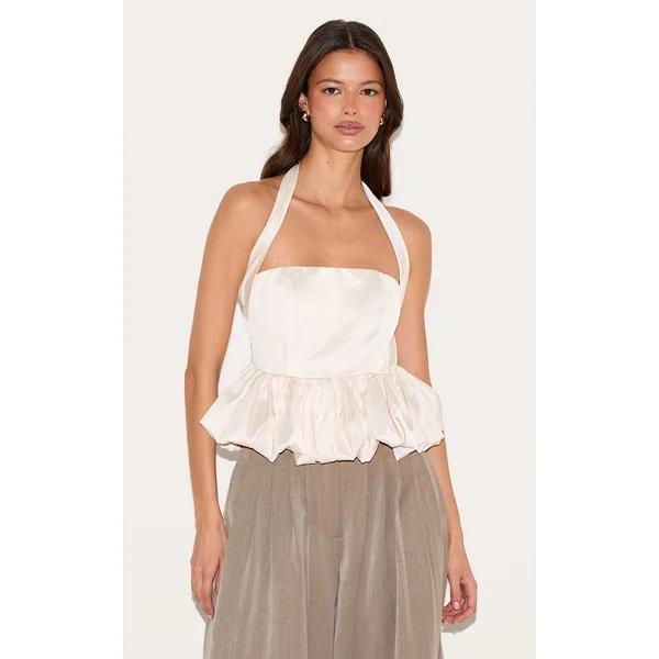Cream Halterneck Puff Ball Top