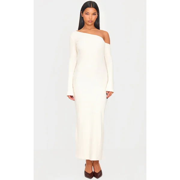 Cream Heavy Brushed Asymmetric Ruched Maxi Dress