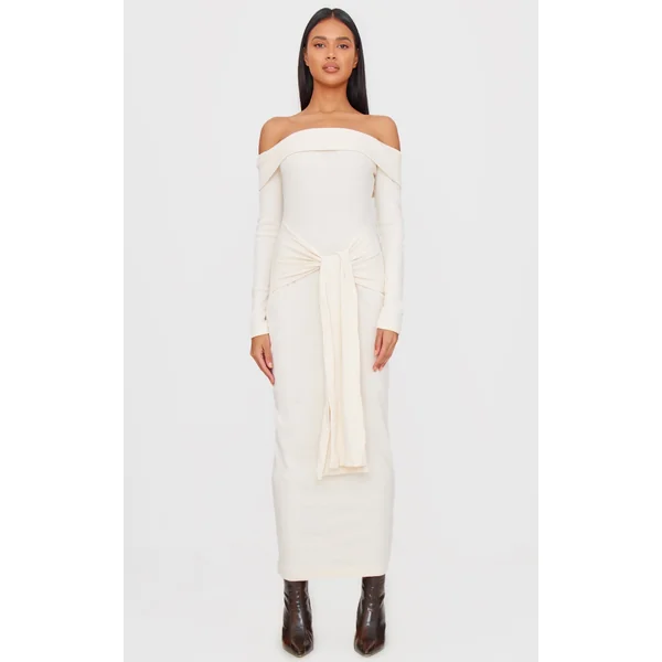 Cream Heavy Brushed Rib Bardot Wrap Detail Maxi Dress