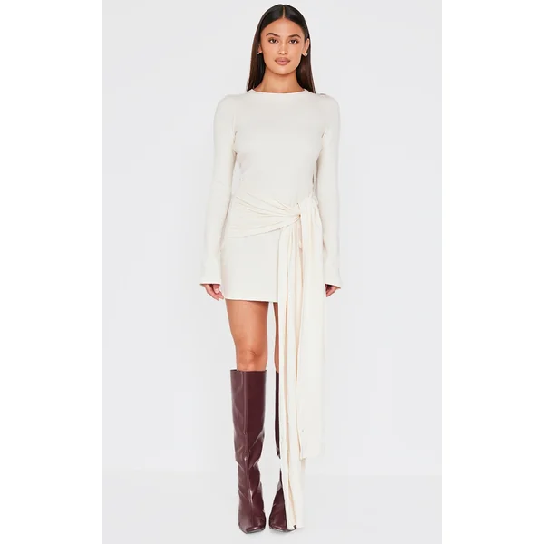Cream Heavy Brushed Rib Boat Neck Wrap Tie Bodycon Dress