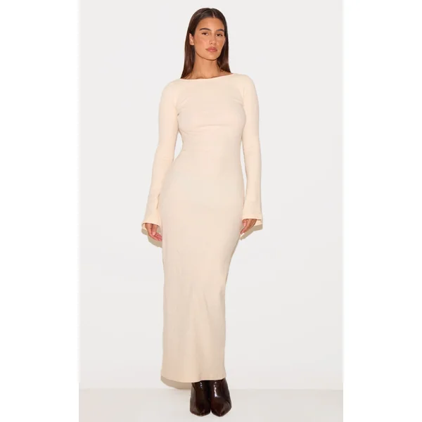 Cream Heavy Brushed Rib Flared Sleeve Maxi Dress