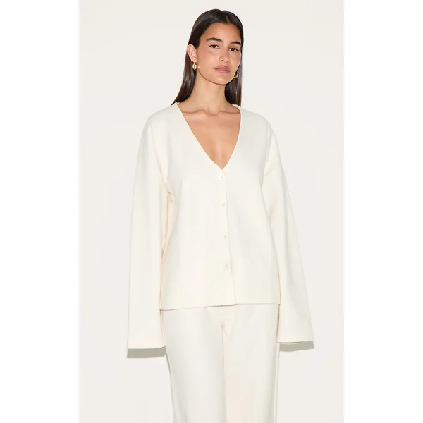 Cream Heavy Brushed Rib V Neck Button Up Cardigan