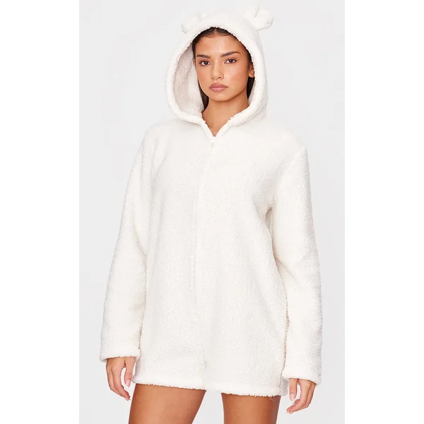 Cream Hooded Fleece Romper