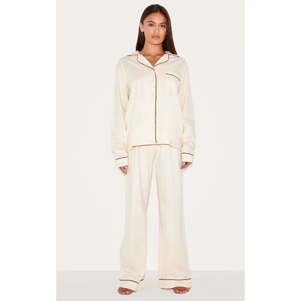 Cream Jersey Contrast Piping Detail Long Pj Set