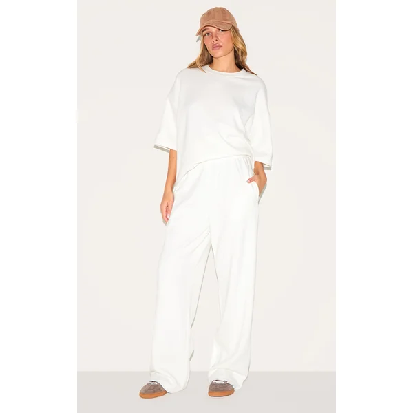 Cream Jersey Mid Rise Wide Leg Pants