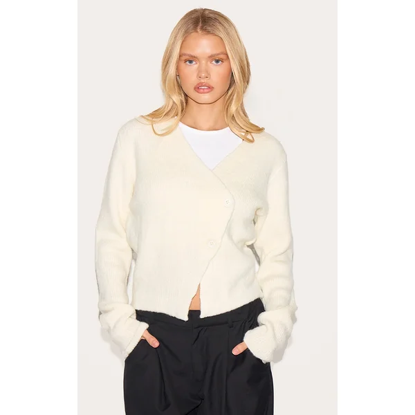 Cream Knit Asymmetric Button Cardigan