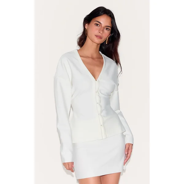 Cream Knitted Tailored Hook And Eye Cardigan