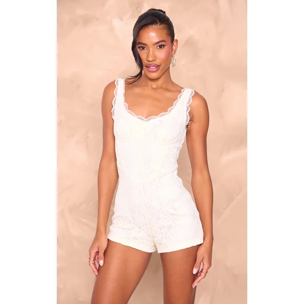 Cream Lace Boning Detail Strappy Romper