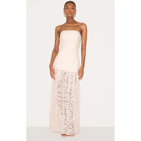 Cream Lace Sheer Skirt Panel Bandeau Midaxi Dress