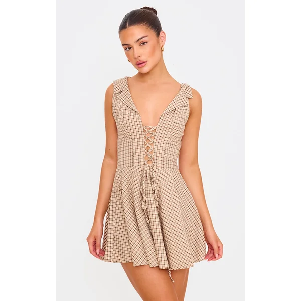Cream Lace Up Check Shift Dress