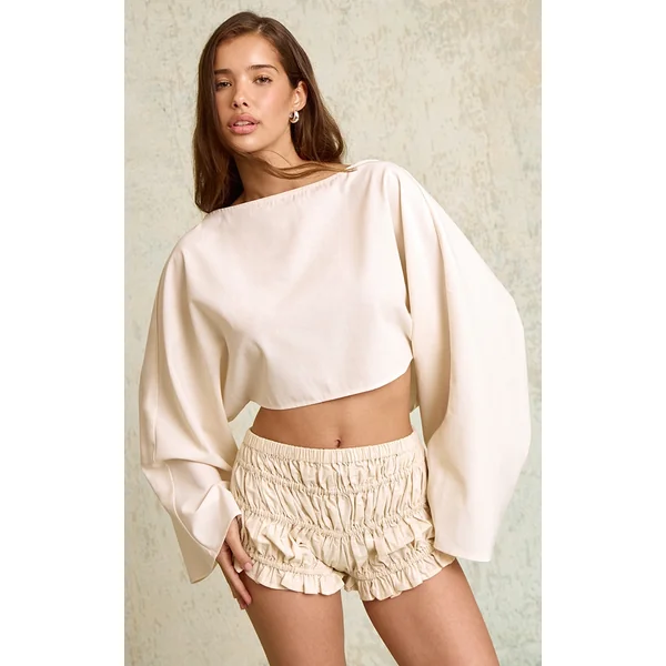 Cream Lightweight Woven Balloon Sleeve Crop Top
