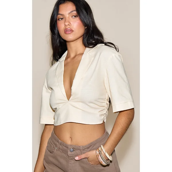 Cream Lightweight Woven Twist Cropped Shirt