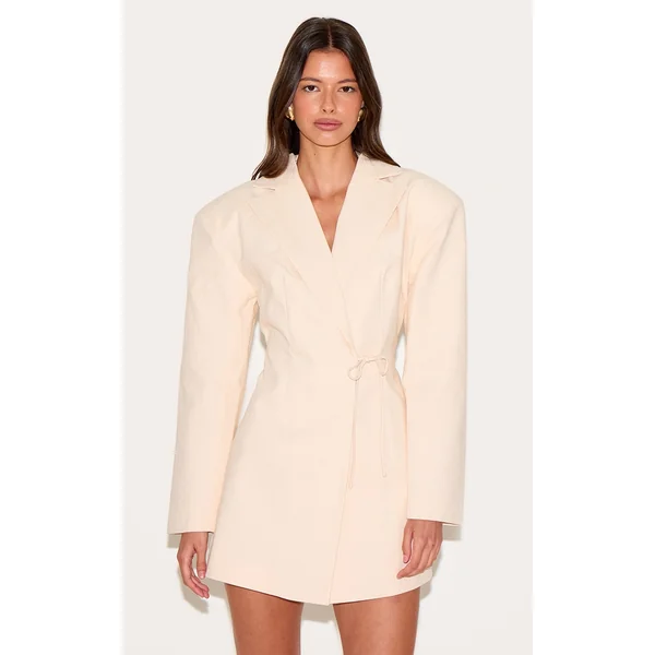 Cream Linen Blend Tie Detail Blazer Dress
