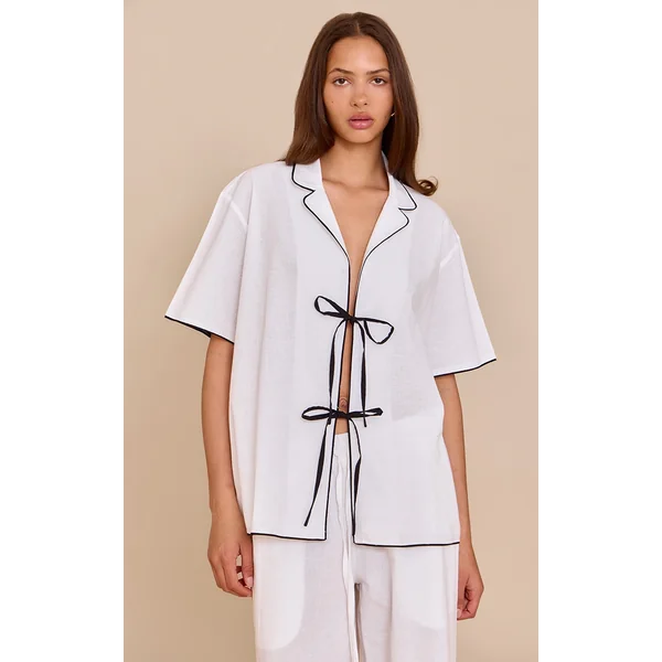 Cream Linen Look Contrast Oversized Tie Shirt