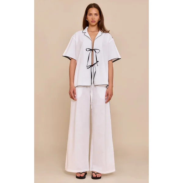 Cream Linen Look Contrast Wide Leg Pants