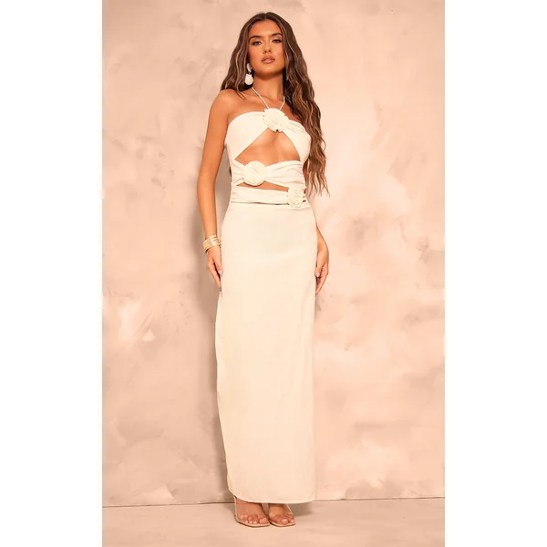 Cream Linen Look Rose Detail Tie Neck Cut Out Maxi Dress