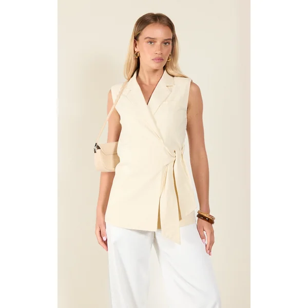 Cream Linen Look Tie Waist Vest