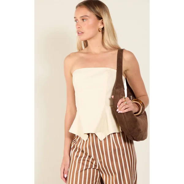 Cream Linen-Blend Peplum Bandeau Top