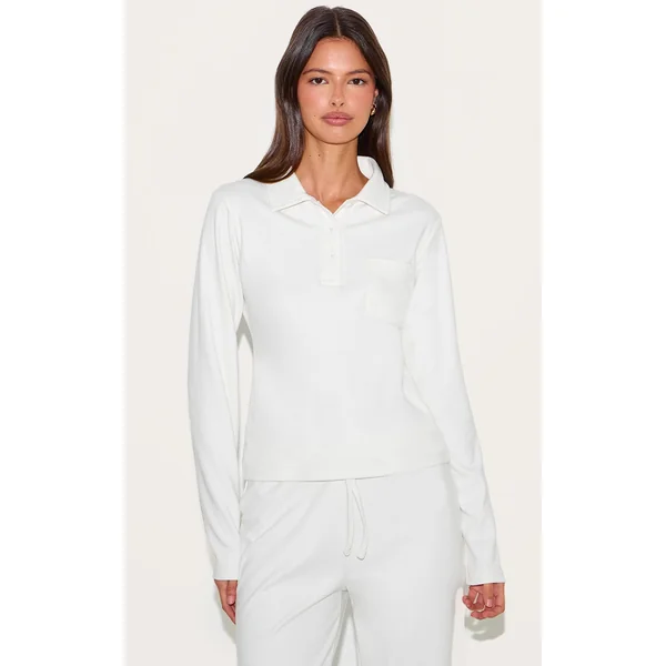 Cream Long Sleeved Super Soft V Neck Button Up Top