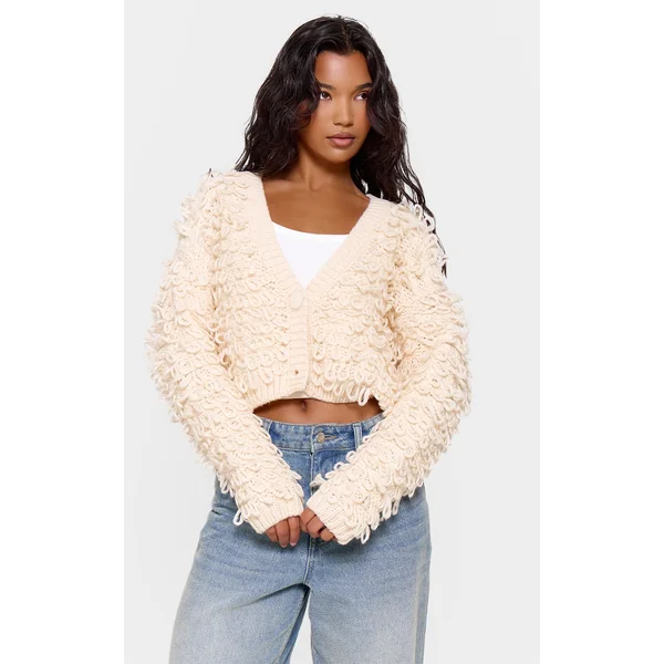 Cream Loop Knit V Neck Button Up Cardigan