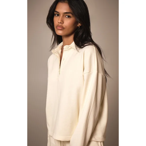 Cream Loopback Oversized Polo Detail Sweatshirt