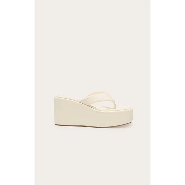 Cream Lycra Square Toe Thong Flatform Wedge Sandals