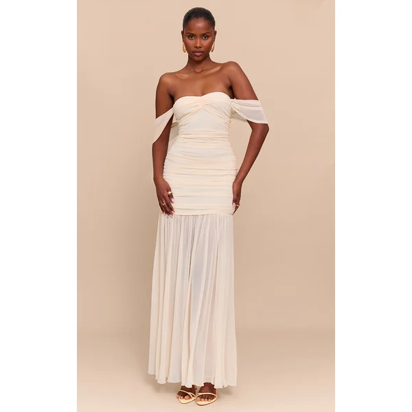 Cream Mesh Bardot Ruched Detail Maxi Dress