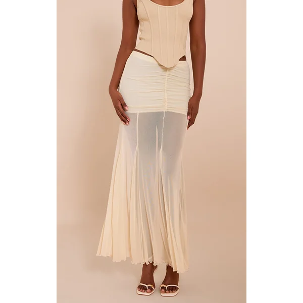 Cream Mesh Overlay Maxi Skirt