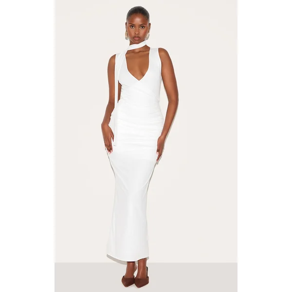 Cream Mesh V Neck Wrap Maxi Dress