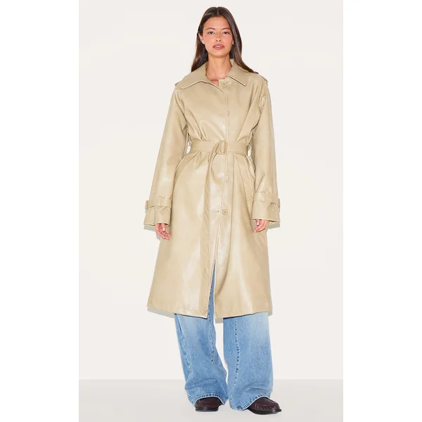 Cream Mid Length Faux Leather Trench Coat