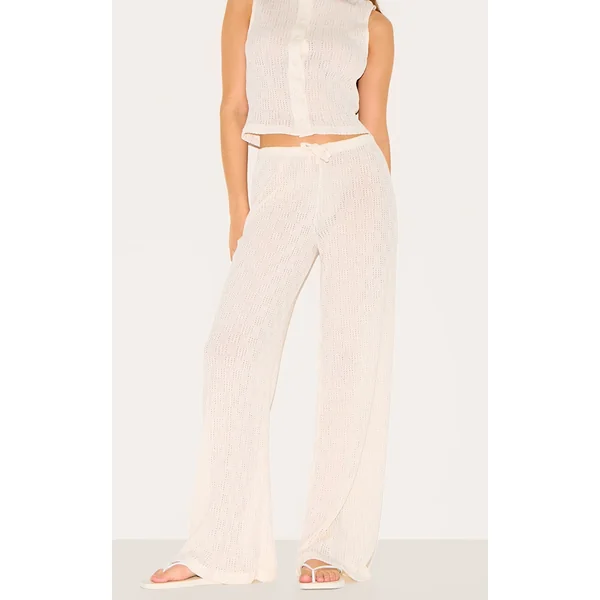 Cream Mid Rise Textured Wide Leg Pants