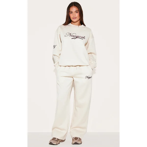 Cream New York Embroidered Wide Leg Sweatpants