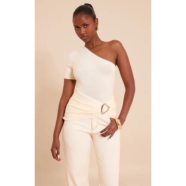 Cream One Shoulder Asymmetric Trim Detail Knit Top