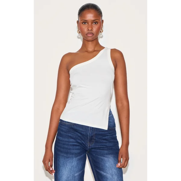 Cream One Shoulder Long Vest Top