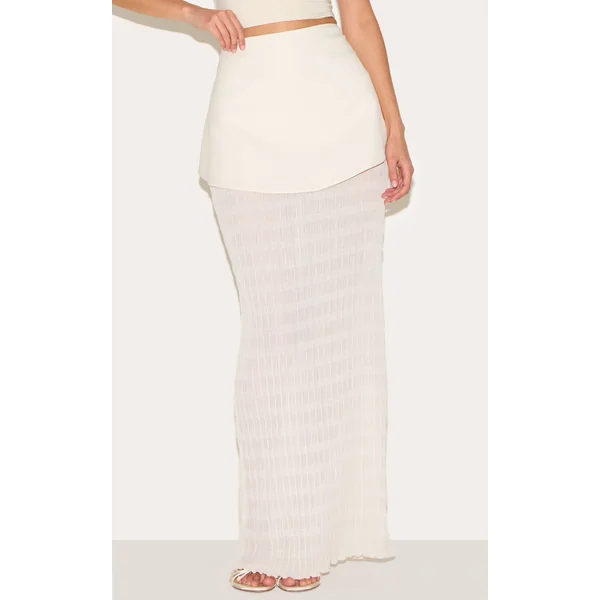 Cream Overlay Detail Textured Woven Maxi Skirt
