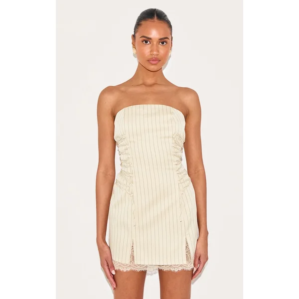 Cream Pinstripe Bandeau Lace Trim Shift Dress